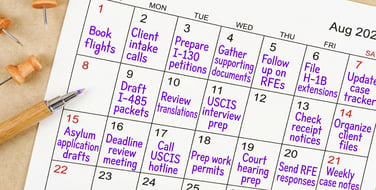 an immigration paralegal's calendar filled with due dates