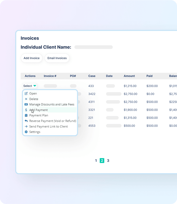 Screenshot of immigration practice management software for immigration client invoices