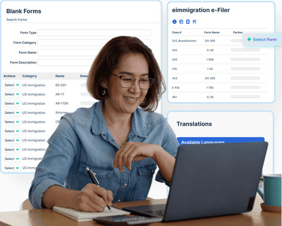 Immigration case worker using immigration forms management software to e-file immigration forms for clients