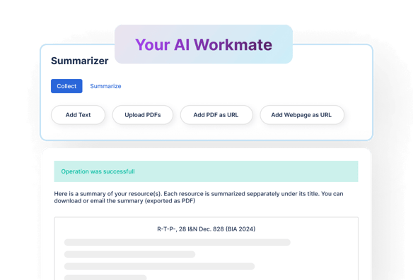 Screenshot of immigration practice management software showing AI tools for immigration caseworkers