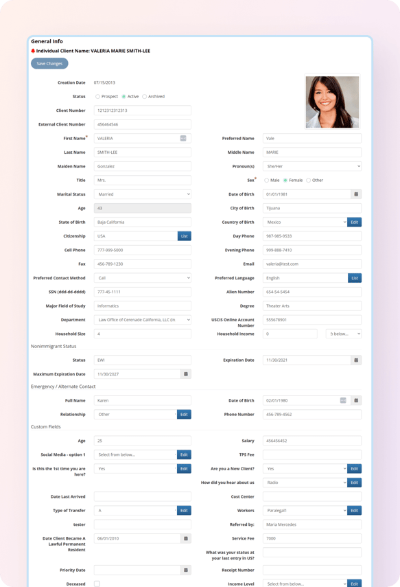 Screenshot of immigration client management software for accessing client data