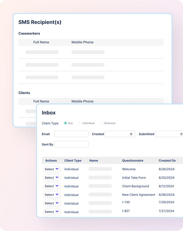 Screenshot of immigration client management software for client communication