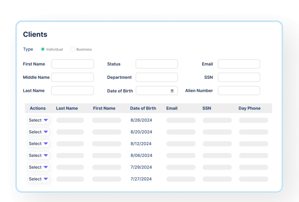 Screenshot of immigration client management software