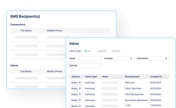 Screenshot of immigration client management software for sending communications