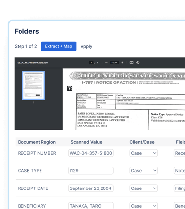 Screenshot of immigration client management software using AI to create client profiles from images 