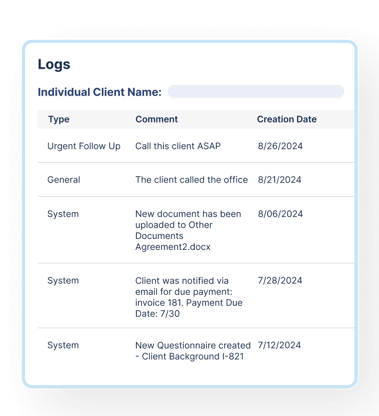 Screenshot of immigration client management software Notes & Logs feature