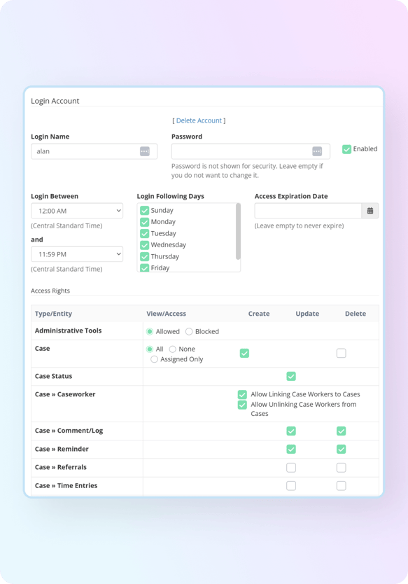 Screenshot of secure immigration law software for immigration attorneys to manage user access