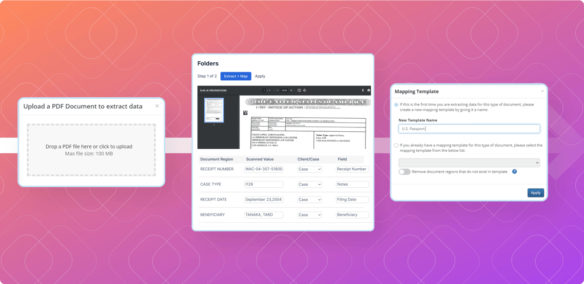 Screenshot of immigration client management software using AI to extract client data