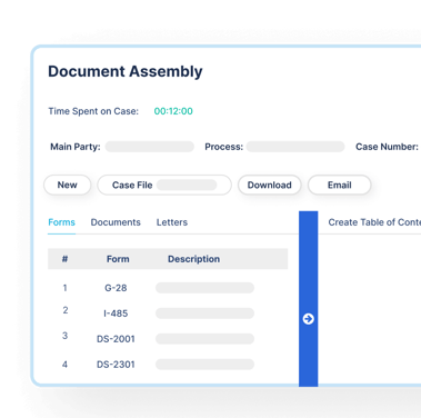 Screenshot of immigration forms management software for assembling immigration documents