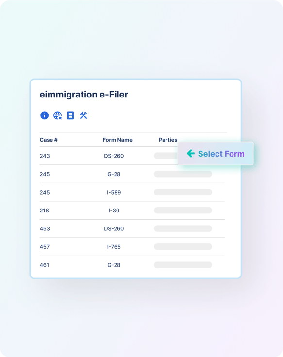 Screenshot of immigration forms management software for e-filing immigration forms