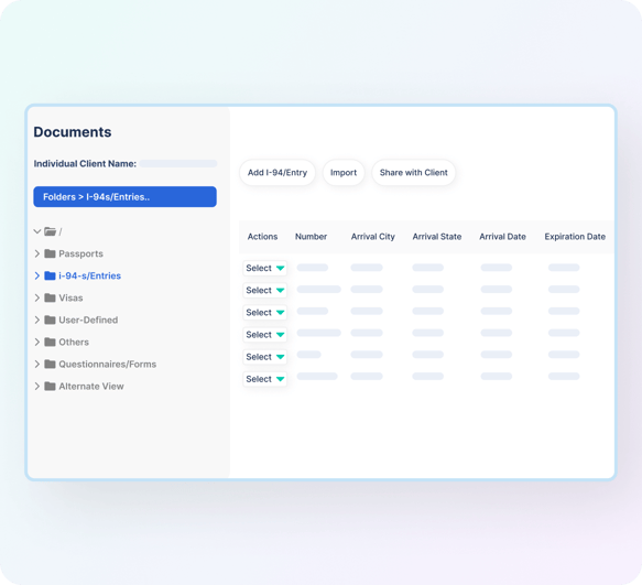 Screenshot of immigration forms management software for organizing immigration client documents