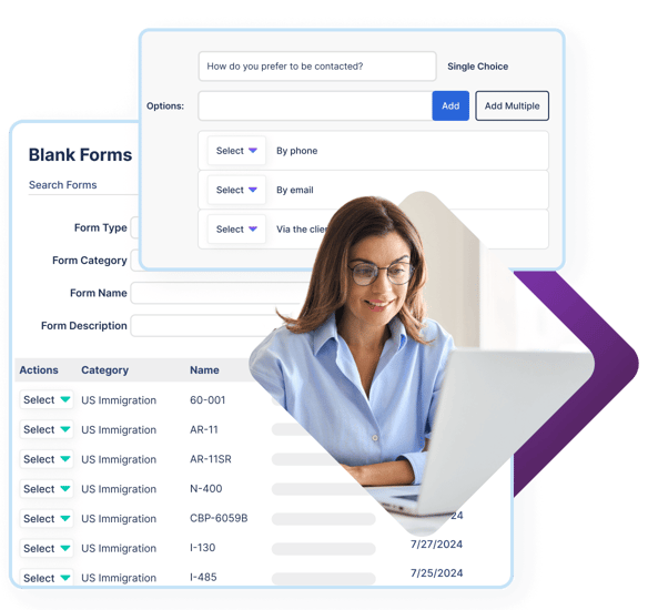 Immigration law professional uses immigration client management software to manage immigration forms and case files