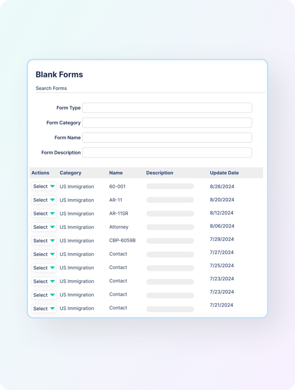 Screenshot of immigration forms management software with 300+ immigration forms