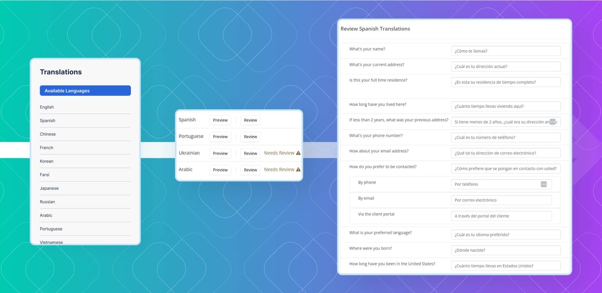 Screenshot of immigration forms management software using AI to translate immigration intake forms