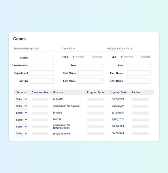 Screenshot of immigration case management software for legal immigration professionals to manage cases