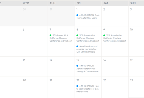 calendar showing weekly training webinars for immigration law software