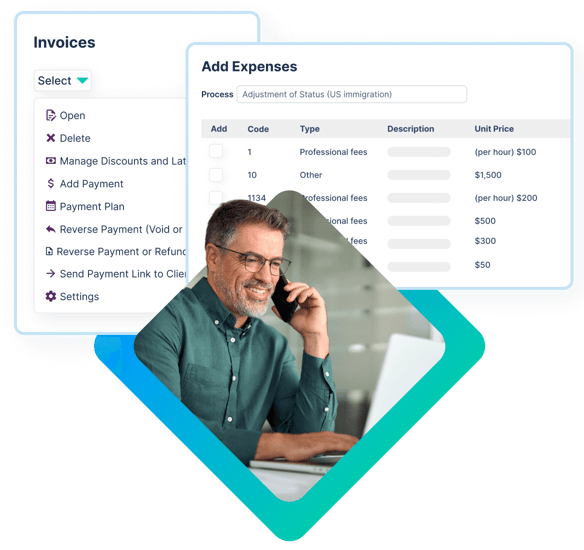 Immigration attorney on the phone with client, sending invoice via immigration law software